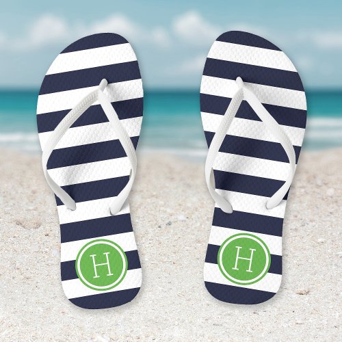 Navy and Green Preppy Stripes Monogram Flip Flops