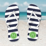 Navy and Green Preppy Stripes Monogram Flip Flops<br><div class="desc">Custom printed flip flop sandals with a preppy nautical stripe pattern and your custom monogram or other text in a circle frame. Click Customize It to change text fonts and colors or add your own images to create a unique one of a kind design!</div>