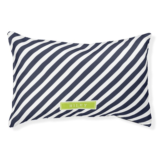 Navy and Green Preppy Stripes Monogram Pet Bed (Front)