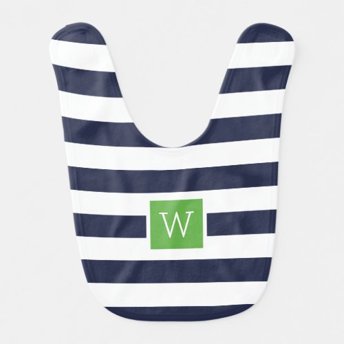 Navy and Green Stripes Monogram  Editable Colors Baby Bib