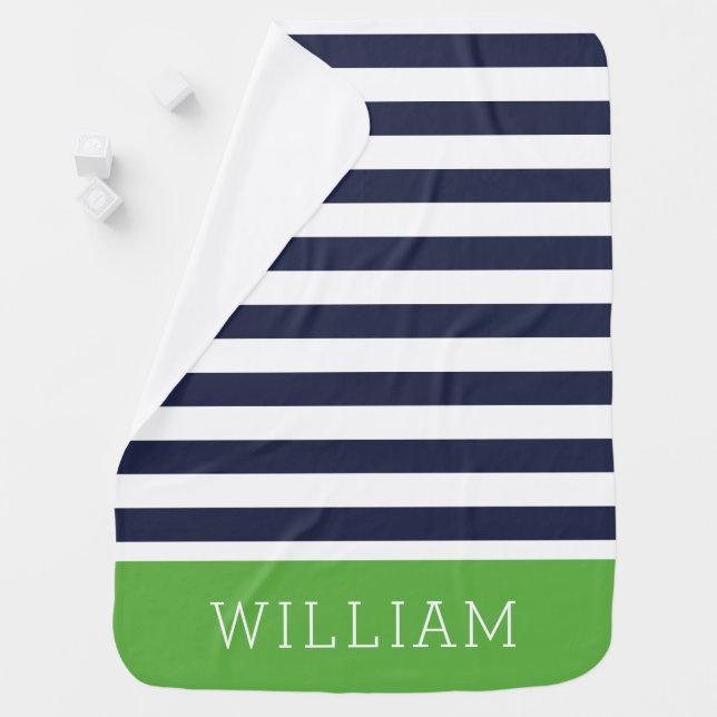 Navy and Green Stripes Monogram | Editable Colors Baby Blanket (In Situ)