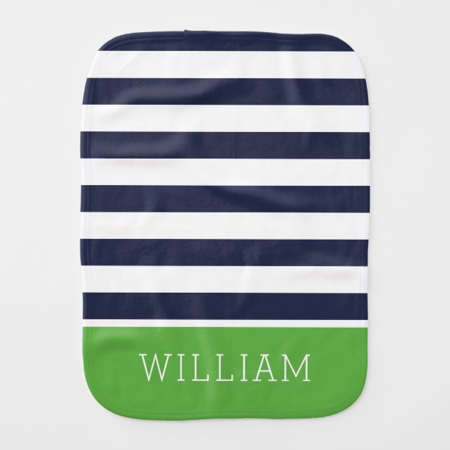 Navy and Green Stripes Monogram | Editable Colors Baby Burp Cloth (Front)
