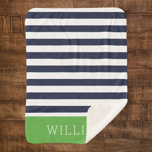 Navy and Green Stripes Monogram Editable Colors Sherpa Blanket