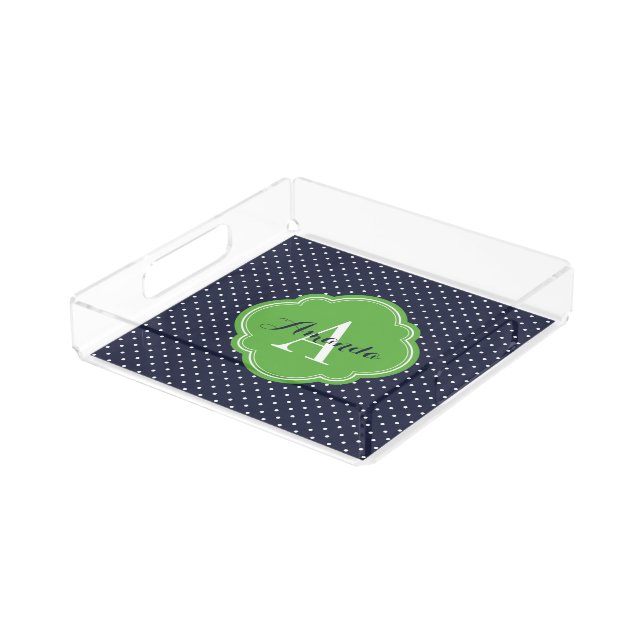 Navy and Green Tiny Dots Monogram Acrylic Tray (Angled)