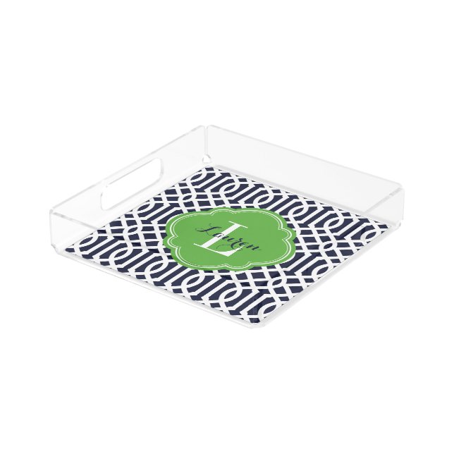 Navy and Green Trellis Monogram Acrylic Tray (Angled)