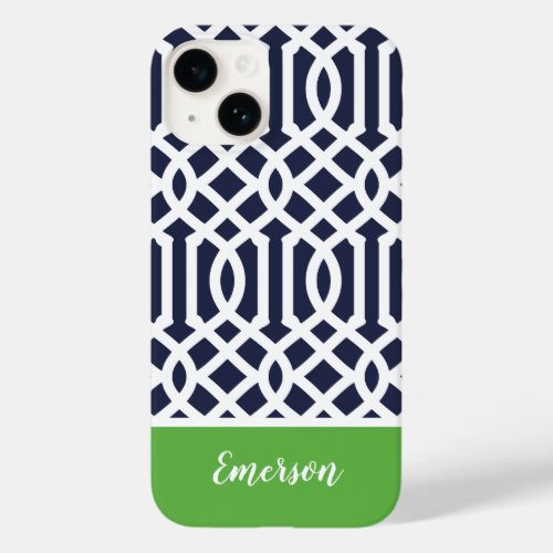 Navy and Green Trellis Monogram Case_Mate iPhone 14 Case