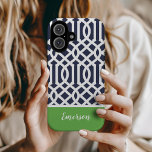 Navy and Green Trellis Monogram Case-Mate iPhone 14 Case<br><div class="desc">Stylish custom phone case in navy blue, green and white colors. This design features a preppy Moroccan trellis pattern. Personalize it with your name or other custom text in a modern script monogram font. Use the design tools to choose any background colors, edit the text fonts and colors and upload...</div>