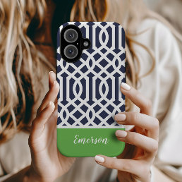 Navy and Green Trellis Monogram Case-Mate iPhone 14 Case