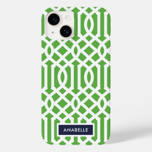 Navy and Green Trellis Monogram Case_Mate iPhone 14 Case