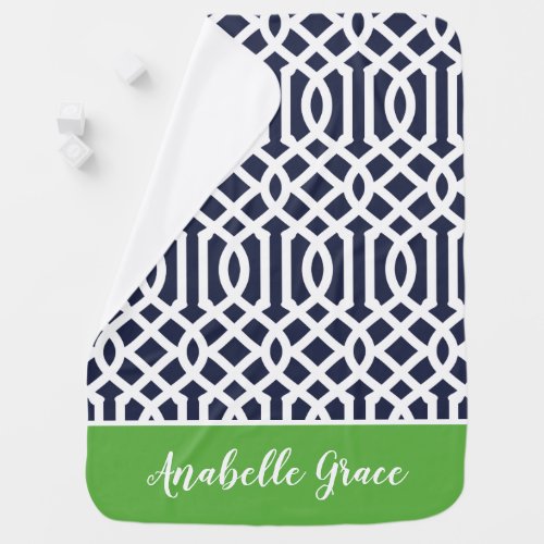 Navy and Green Trellis Monogram  Editable Colors Baby Blanket