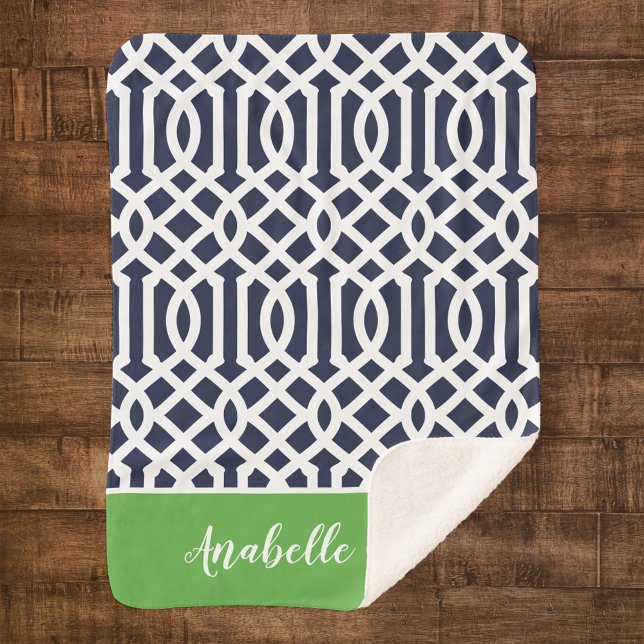 Navy and Green Trellis Monogram | Editable Colors Sherpa Blanket (Creator Uploaded)