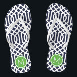 Navy and Green Trellis Monogram Flip Flops<br><div class="desc">Custom printed flip flop sandals with a stylish modern trellis pattern and your custom monogram or other text in a circle frame. Click Customize It to change text fonts and colors or add your own images to create a unique one of a kind design!</div>