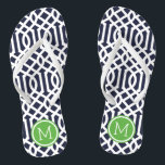 Navy and Green Trellis Monogram Flip Flops<br><div class="desc">Custom printed flip flop sandals with a stylish modern trellis pattern and your custom monogram or other text in a circle frame. Click Customize It to change text fonts and colors or add your own images to create a unique one of a kind design!</div>