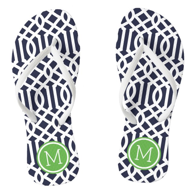 Navy and Green Trellis Monogram Flip Flops (Footbed)