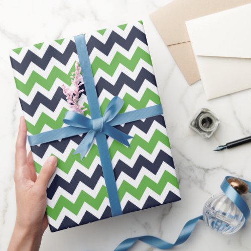 Navy and Green Zigzag Chevron Stripes Wrapping Paper