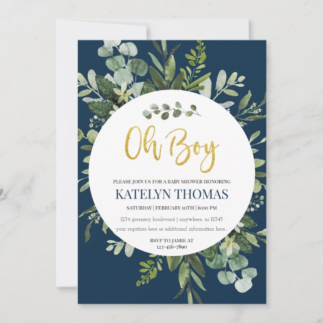 Navy and Greenery Wreath Boy Baby Shower  Invitation (Front)