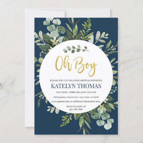 Navy and Greenery Wreath Boy Baby Shower  Invitation