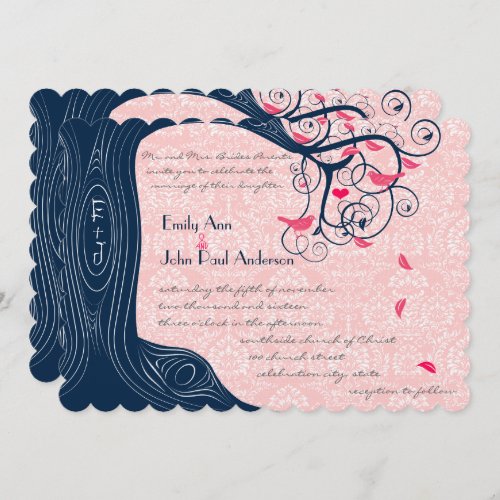 Navy and Honeysuckle Tree Swirl Wedding Invitation