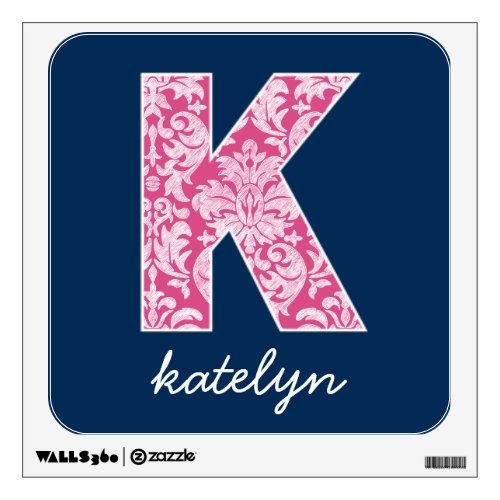 Navy and Hot Pink Damask Pattern Monogram Letter K Wall Sticker