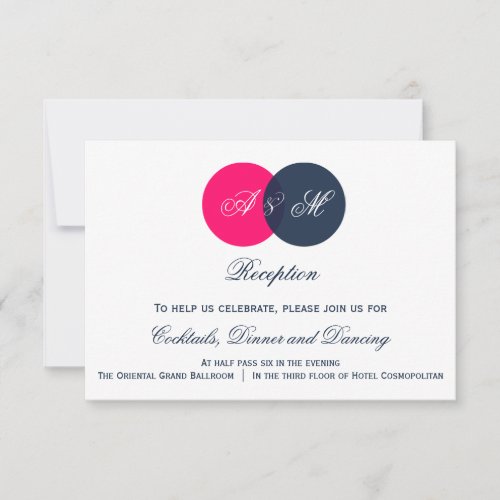 Navy and Hot Pink Monograms Wedding Reception Card