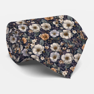 Navy and Ivory Anemone Floral Personalized Wedding Neck Tie