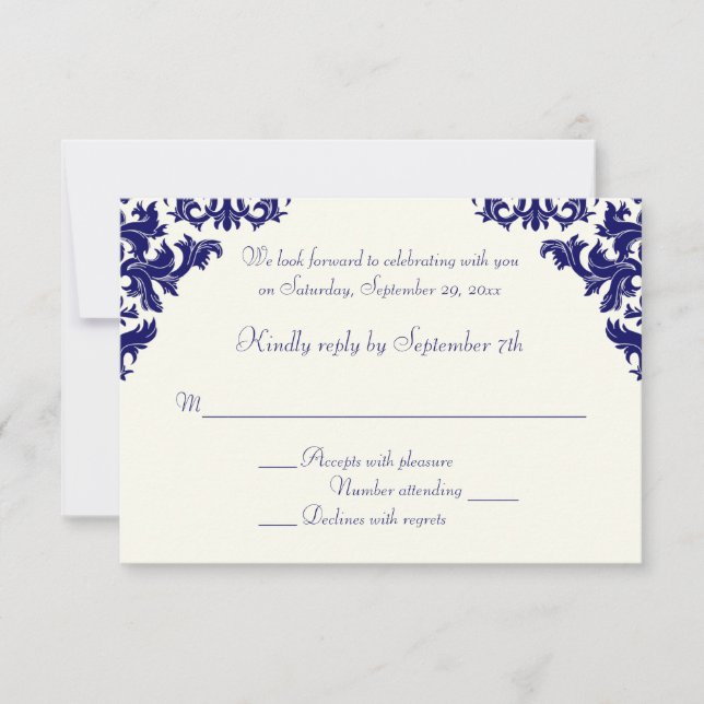 Navy and Ivory Damask RSVP Card (Front)