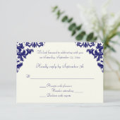 Navy and Ivory Damask RSVP Card (Standing Front)