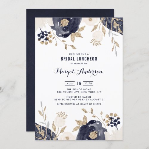Navy and Ivory Flowers Gold Foil Bridal Luncheon Invitation