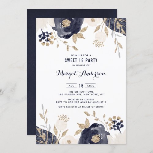 Navy and Ivory Flowers Gold Foil Sweet Sixteen Invitation