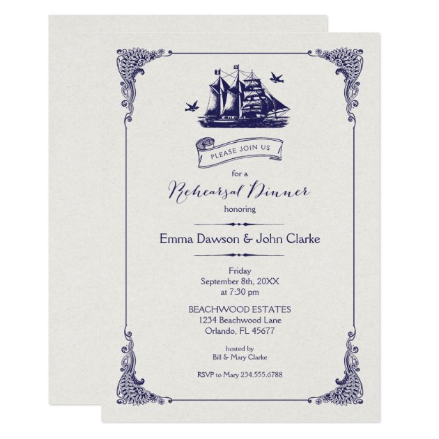 Navy And Ivory Vintage Ship Rehearsal Dinner Invitation