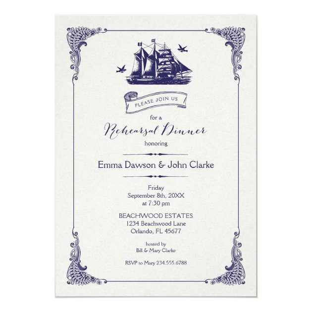 Navy And Ivory Vintage Ship Rehearsal Dinner Invitation