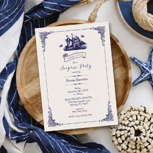 Navy and Ivory Vintage Ship Surprise Party Invitation