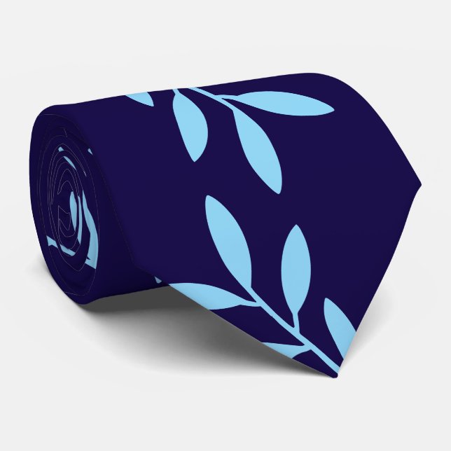 Navy and Light Blue Botanical Leaves Pattern Neck Tie (Rolled)