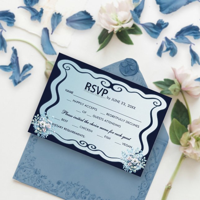 Navy and Light Blue Chic Boho Floral Wedding RSVP  (Creator Uploaded)