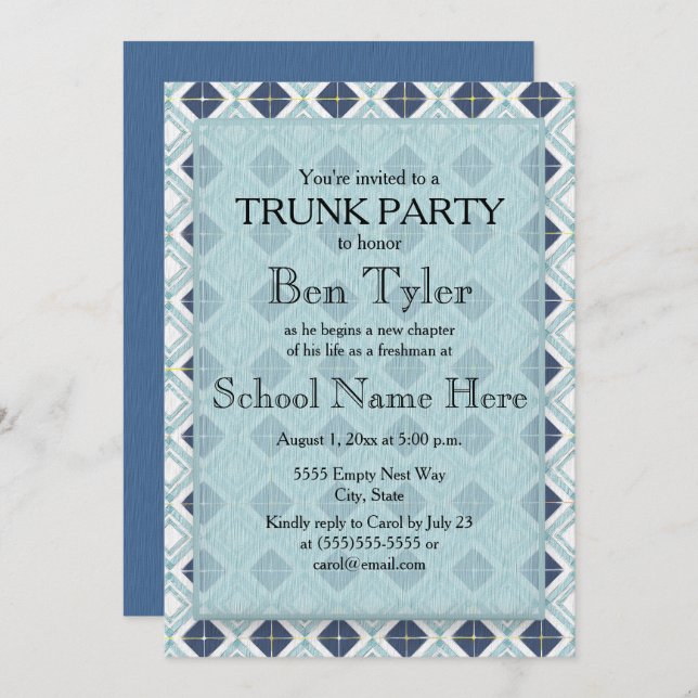 Navy and Light Blue Diamond Pattern Trunk Party Invitation (Front/Back)