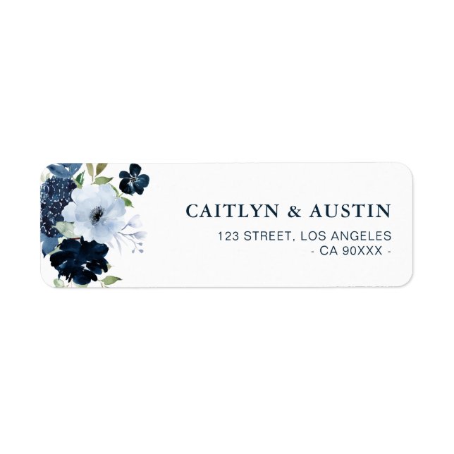 navy and light blue floral address label (Front)