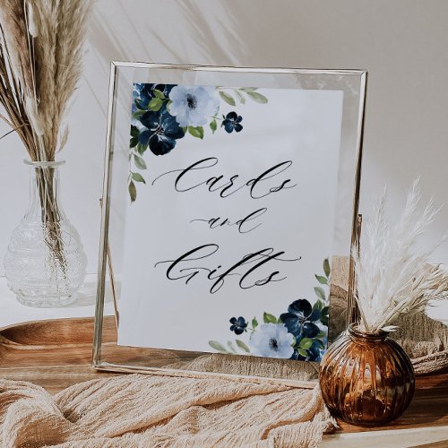 navy and light blue floral cards  gifts sign
