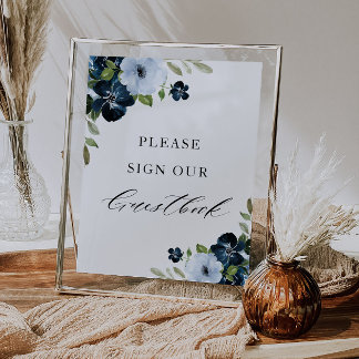 navy and light blue floral guestbook wedding sign