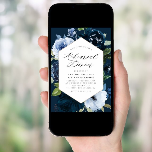 navy and light blue floral rehearsal dinner invitation (Front Digital)