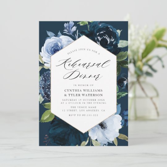 Navy And Light Blue Floral Rehearsal Dinner Invitation