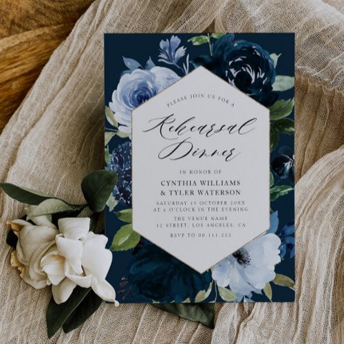 navy and light blue floral rehearsal dinner invitation