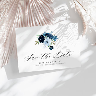 navy and light blue floral save the date postcard