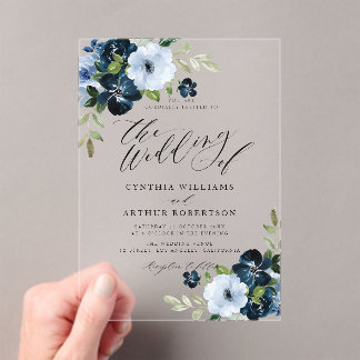 Navy and light blue floral script wedding acrylic invitations
