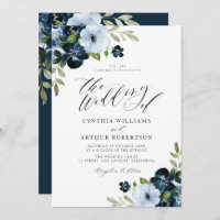 Navy and light blue floral script wedding invitation