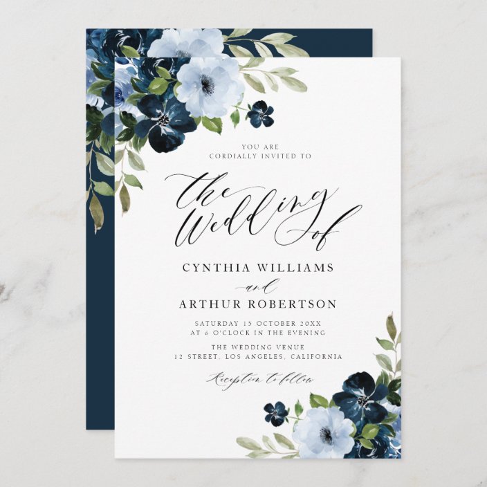 Navy and light blue floral script wedding invitation | Zazzle