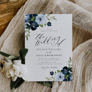 Navy and light blue floral script wedding invitation