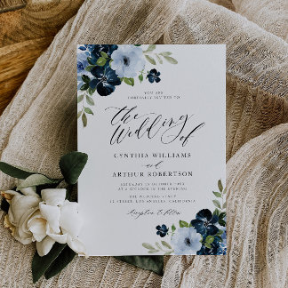 Navy and light blue floral script wedding invitation
