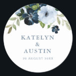 navy and light blue floral wedding classic round sticker<br><div class="desc">navy and light blue flowers. The text details and colors can be edited.</div>