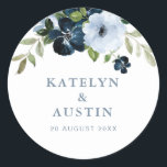 navy and light blue floral wedding classic round sticker<br><div class="desc">navy and light blue flowers. The text details and colors can be edited.</div>