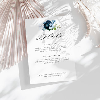 navy and light blue floral wedding details card
